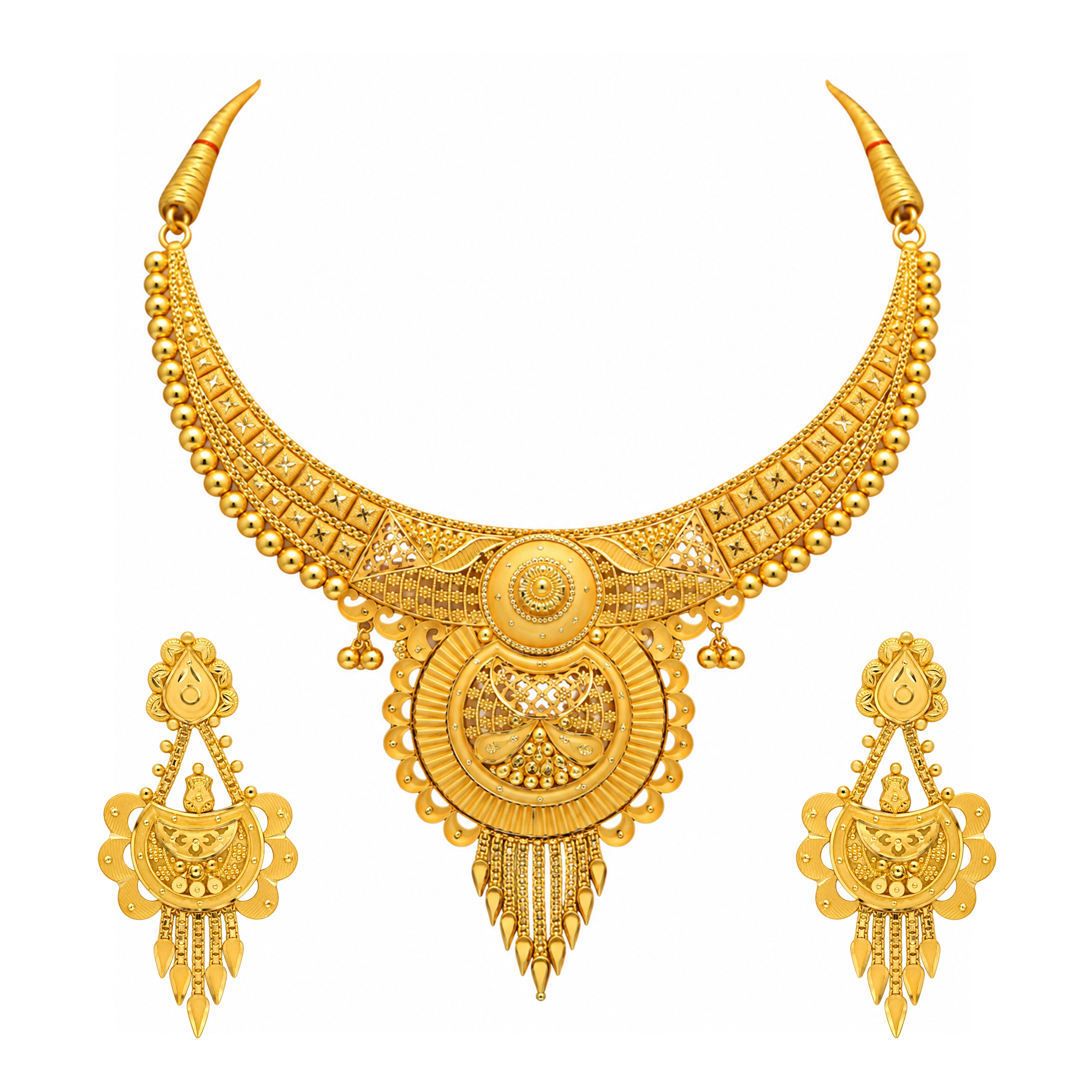 Traditional 22K Gold Necklace Set With An Ornate Crescent-Style Centerpiece And Matching Drop Earrings