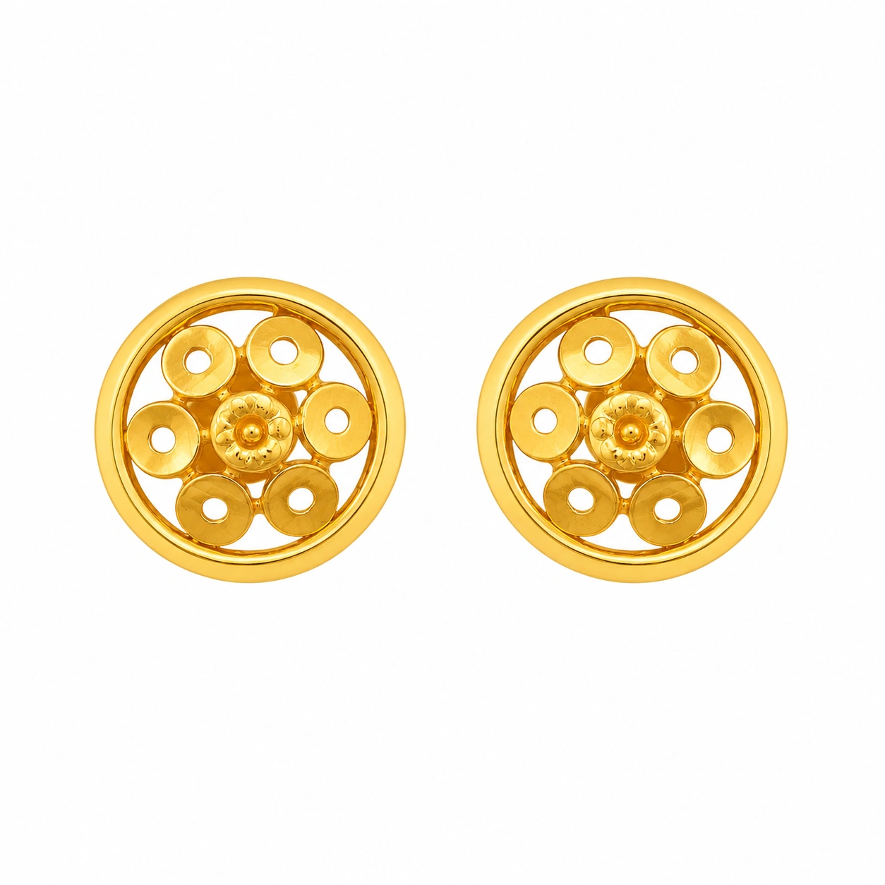 22kt Gold Floral Filigree Design Circular Stud Earrings