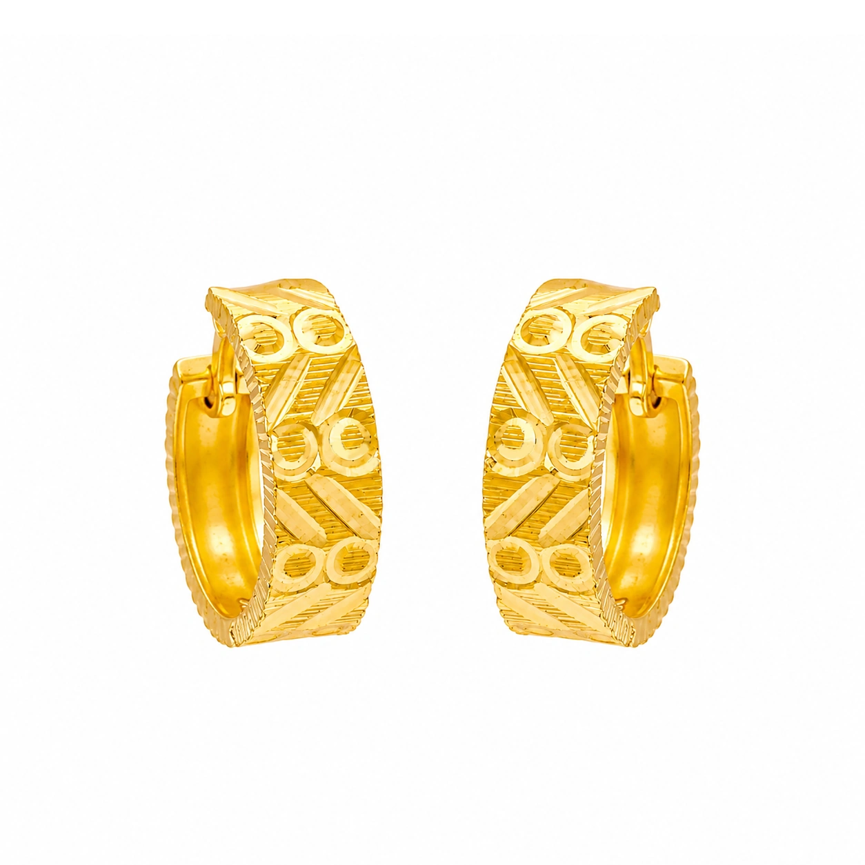 22kt Gold Engraved Geometric Pattern Hoop Earrings