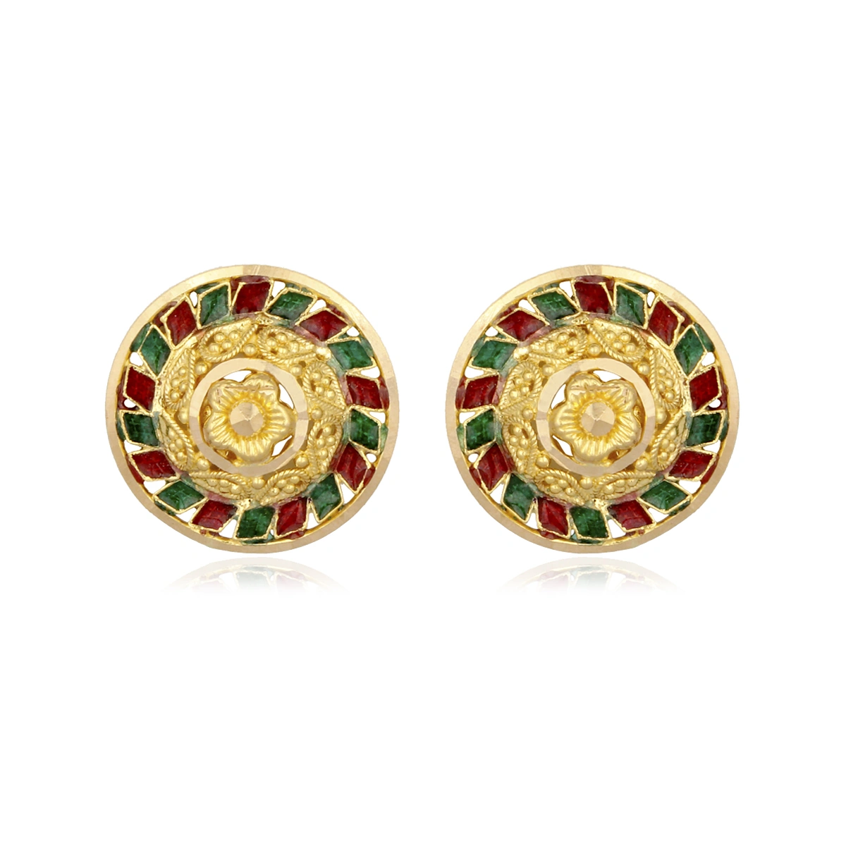 22kt Gold Round Stud Earrings with Floral Design