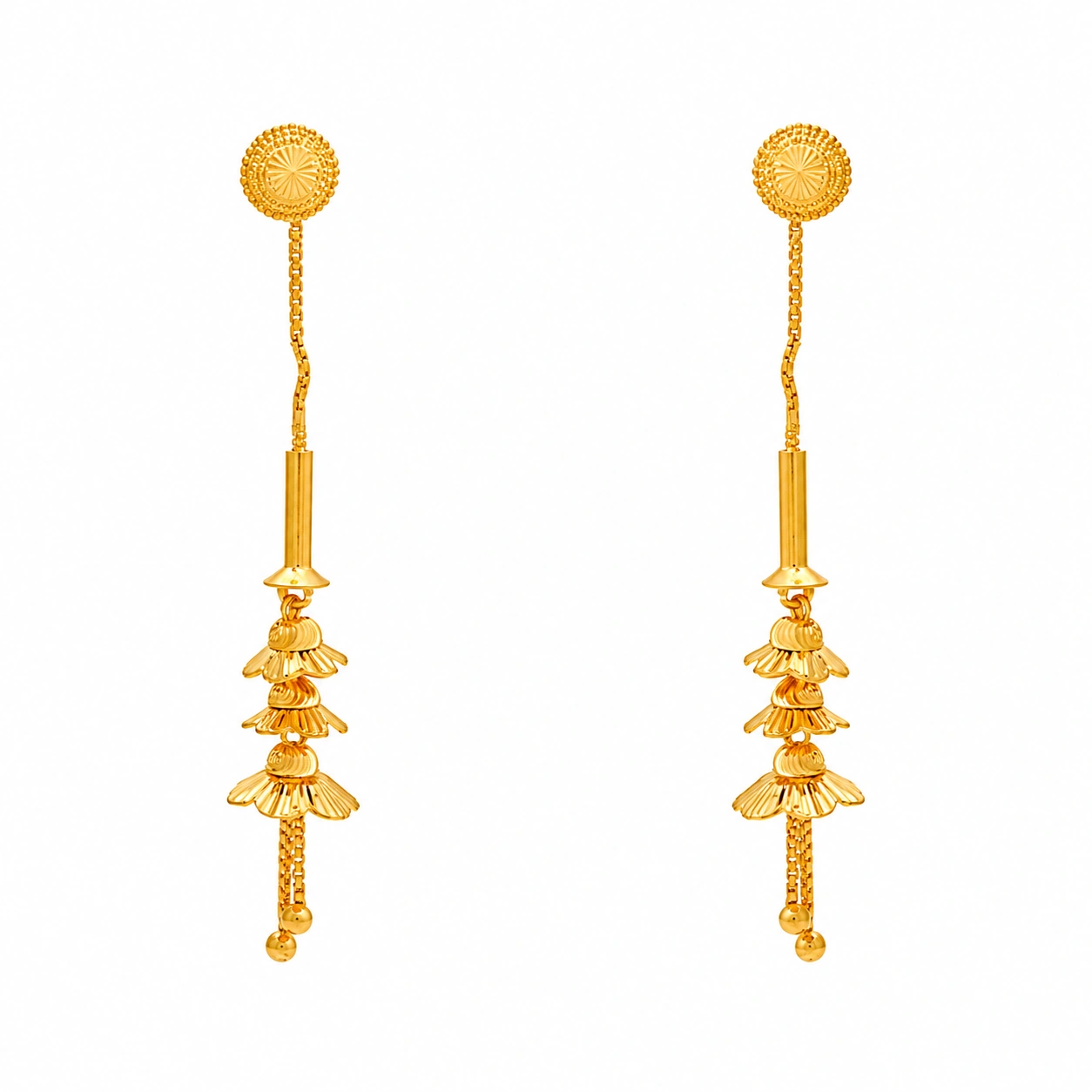 22kt Gold Tiered Floral Design Dangling Drop Earrings