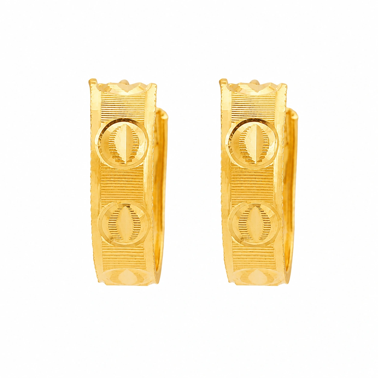 22kt Gold Engraved Circular Motif Design Hoop Earrings