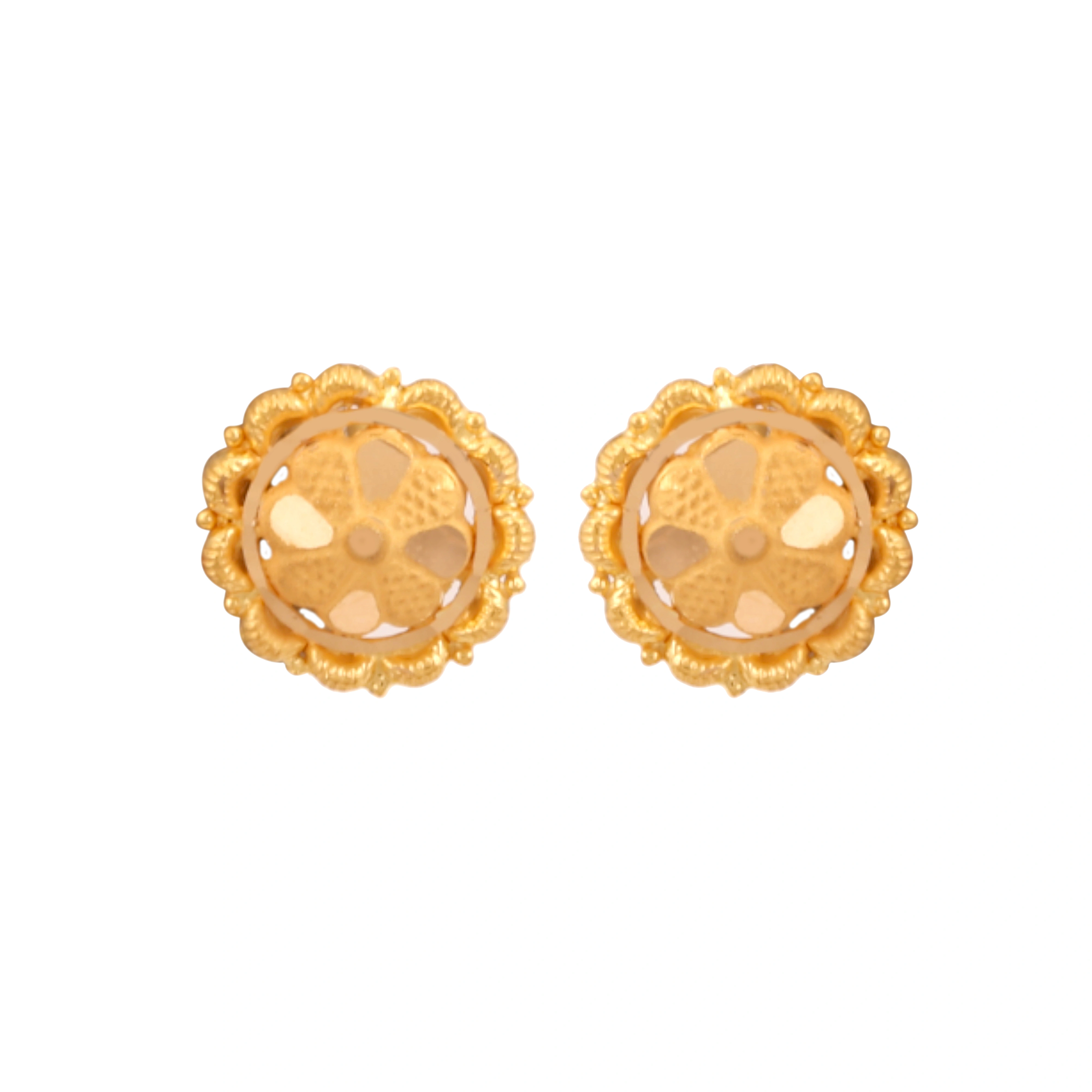 22kt Gold Floral Scalloped Border Round Stud Earrings