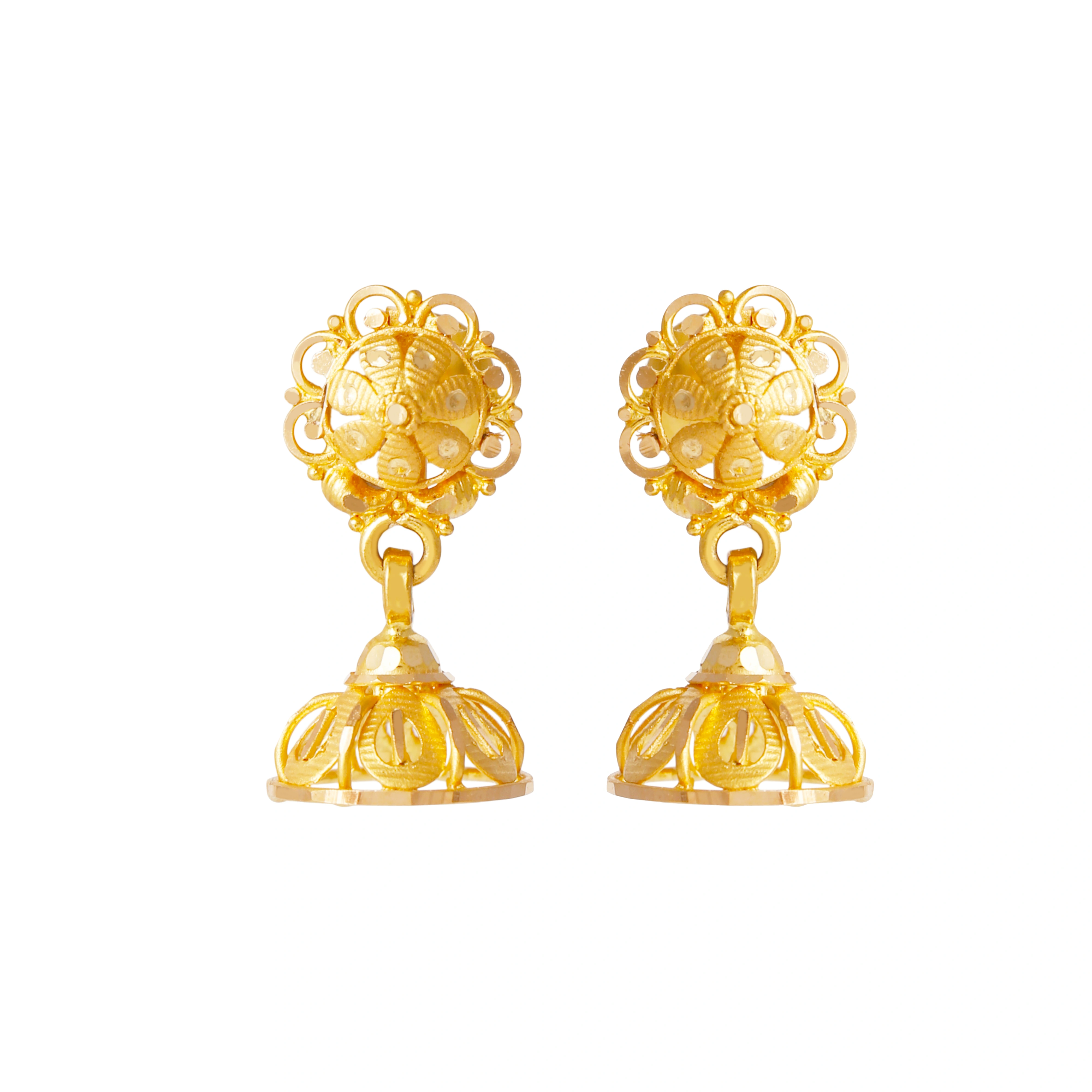 22kt Gold Floral Filigree Design Jhumka Earrings